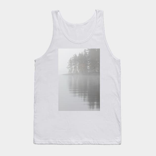 Trees reflection at lake foggy morning Tank Top by Juhku